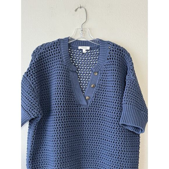 Haven Well Within Sweater Size Medium Blue Crochet Knit Knot Stitch Henley - Picture 3 of 8